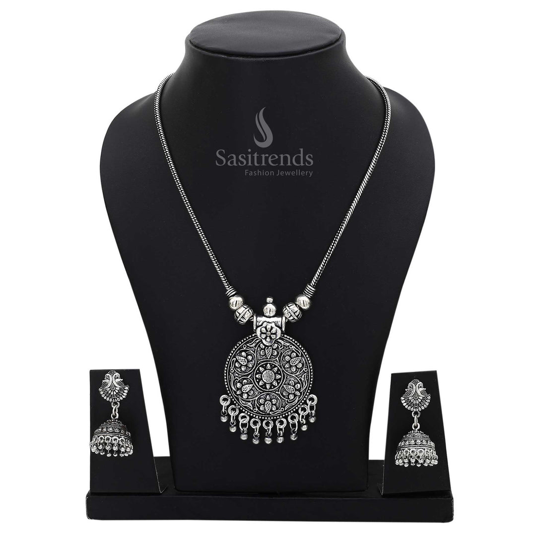 Majestic oxidised Jhumka with Bohemian charm necklace jewellery set featuring handcrafted elegance and artisanal details - Sasitrends