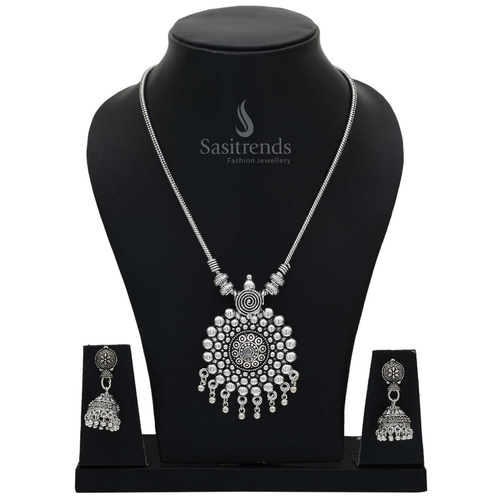 Boho elegance oxidised Jhumka with necklace jewellery set inspired by rustic tradition and tribal beauty finished with metallic flair - Sasitrends