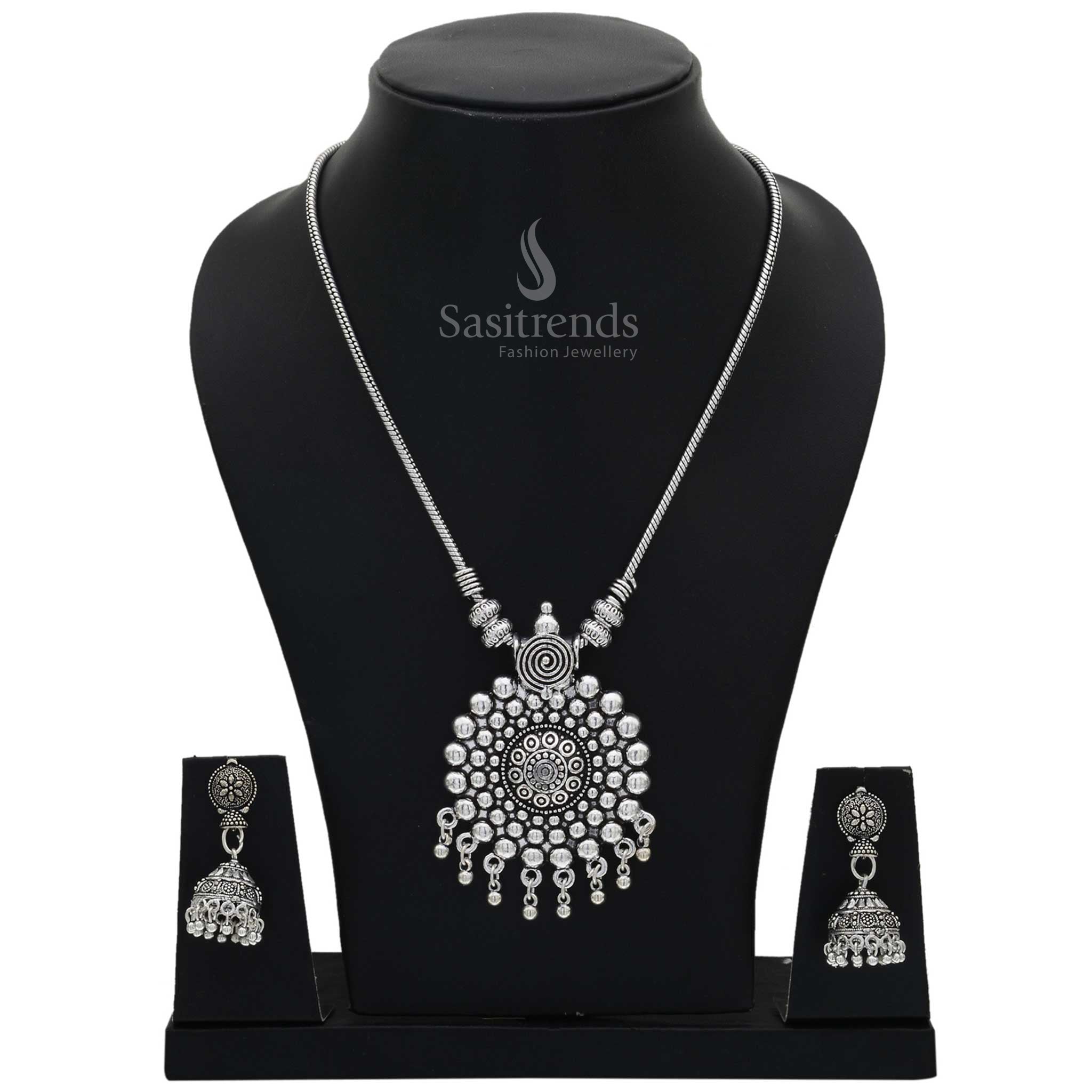Boho elegance oxidised Jhumka with necklace jewellery set inspired by rustic tradition and tribal beauty finished with metallic flair - Sasitrends