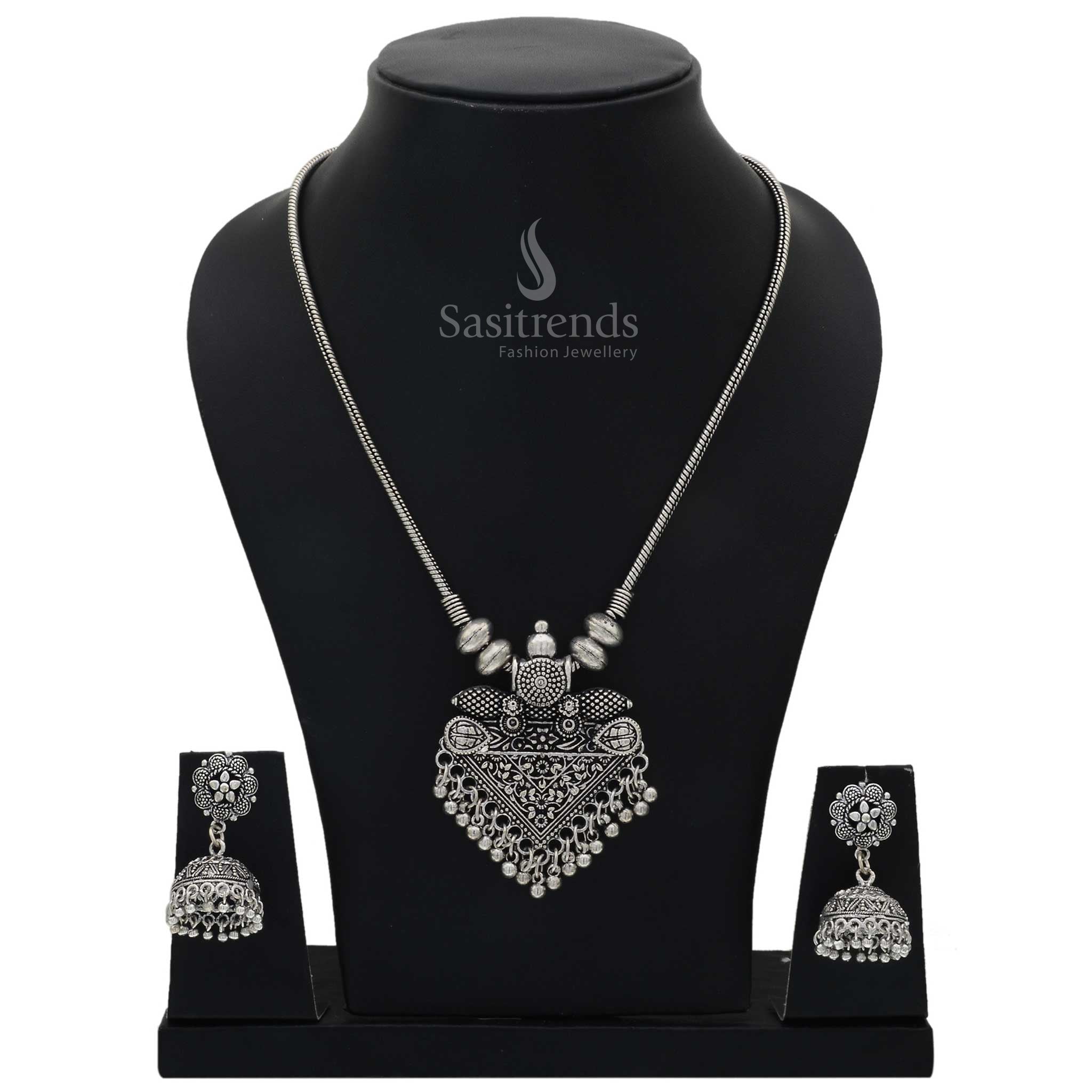Antique charm oxidised Jhumka with designer necklace jewellery set featuring crafted layers and Bohemian textures - Sasitrends