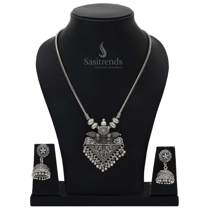 Antique charm oxidised Jhumka with designer necklace jewellery set featuring crafted layers and Bohemian textures - Sasitrends