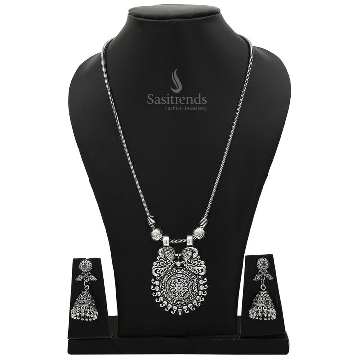 Majestic Mayurika Peacock Design Oxidised Silver and Antique Gold Pendant with Jhumka Earrings Combo – Traditional Fusion Style Jewellery Set for Sarees and Ethnic Wear by Sasitrends