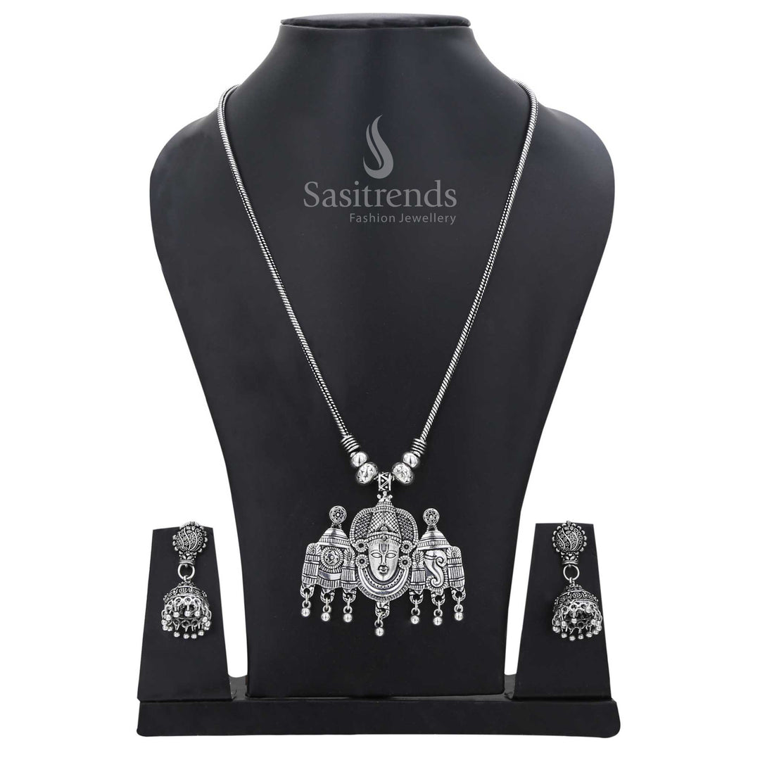 Temple inspired oxidised German silver pendant necklace set with goddess motif and cultural jhumka earrings – divine and ethnic jewellery elegance – Sasitrends