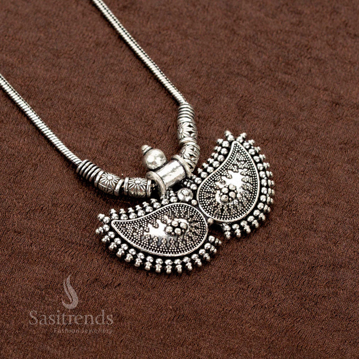 Stylish Oxidised Silver Paisley Motif Dual Pendant Chain Necklace for Traditional and Festive Wear - Sasitrends