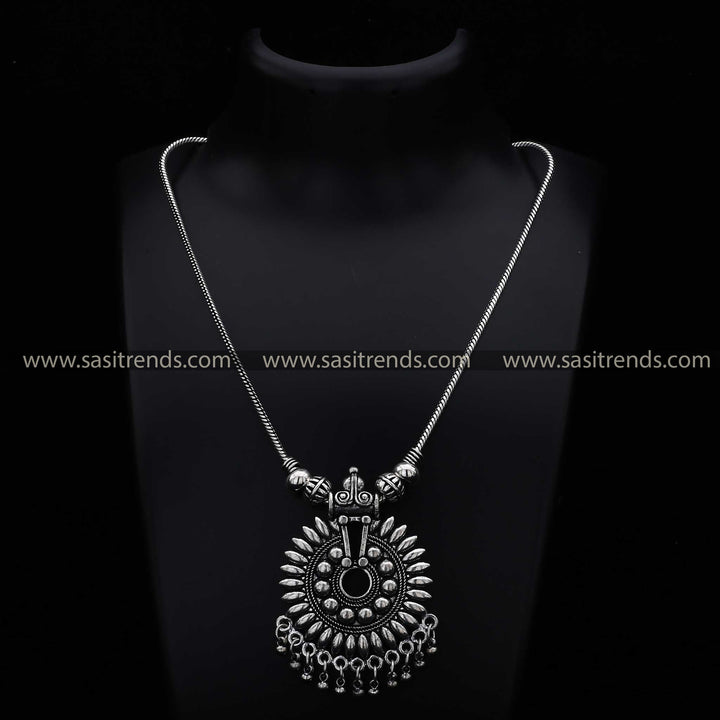 Oxidised Silver Chain Pendant Necklace with Radiant Sunburst Motif and Hanging Beads – Traditional and Festive Wear Jewellery - Sasitrends