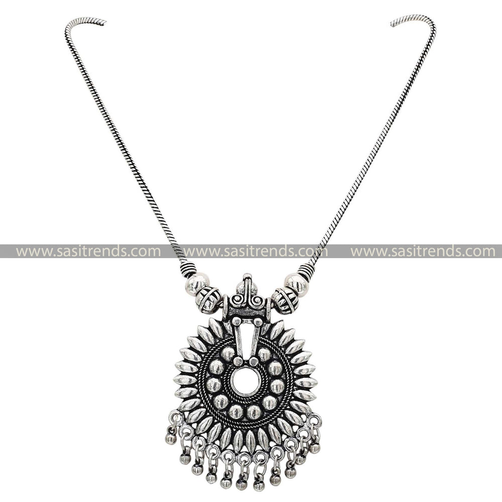 Oxidised chain with droplet charms and central embellished pendant navarathiri elegance - Sasitrends