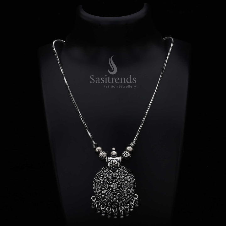 Oxidised Silver Round Floral Pendant Chain Necklace with Ball Droplets – Traditional Wear Jewellery - Sasitrends