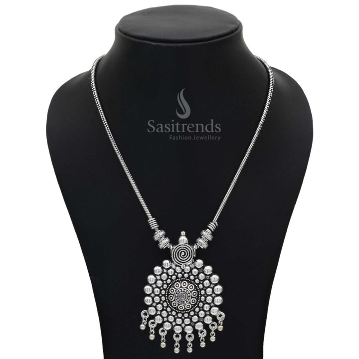 Oxidised Silver Chain Pendant Necklace with Spiral Floral Center and Antique Ball Detailing – Traditional and Festive Wear - Sasitrends