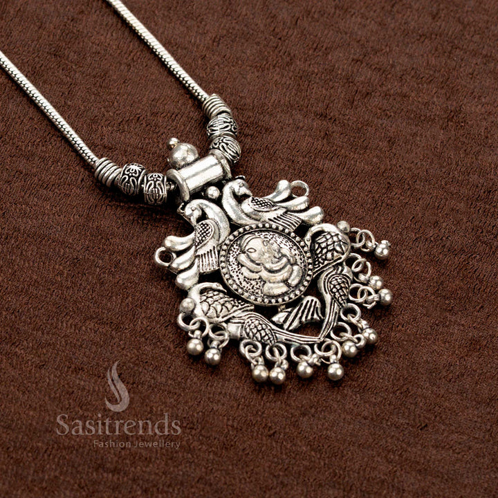 Beautiful Oxidised Silver Peacock and Ganesha Pendant Necklace with Ball Detailing – Traditional Temple-Inspired Jewellery - Sasitrends