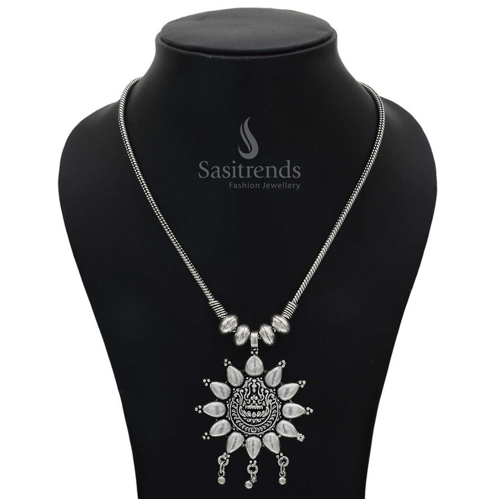 Oxidised Silver Chain Pendant Necklace with Embossed Deity and Floral Sunburst Motif Design – Traditional Antique Tribal Wear - Sasitrends