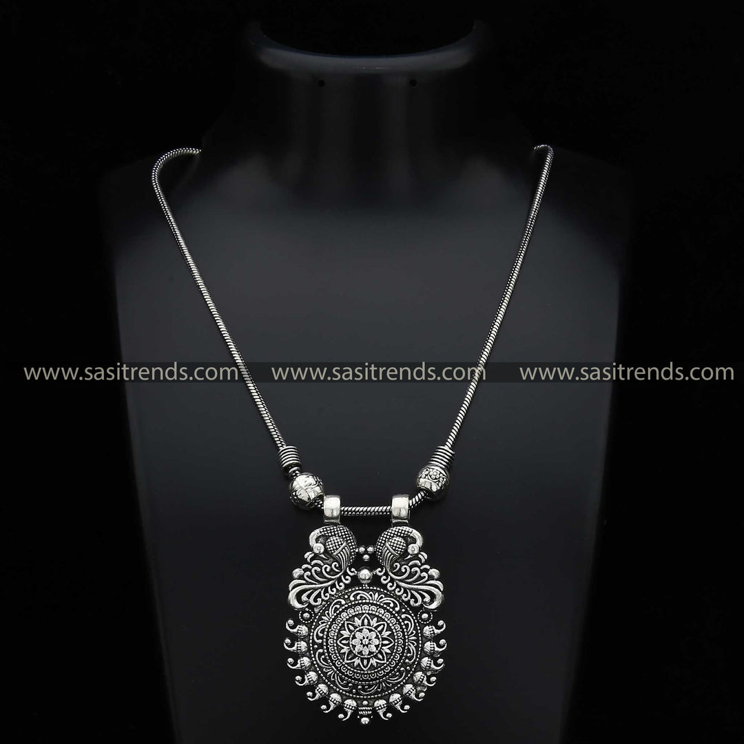 Mayurika Oxidised Silver Pendant with Floral and Mango Motifs Navarathiri Special Necklace - Sasitrends