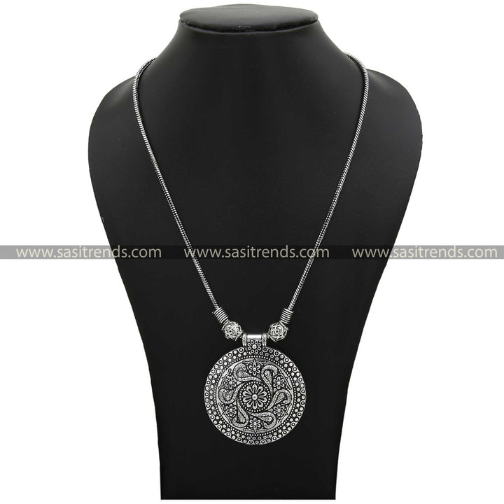 Oxidised Silver Chain Necklace with Round Floral and Paisley Motif Pendant – Tribal Antique Finish - Sasitrends