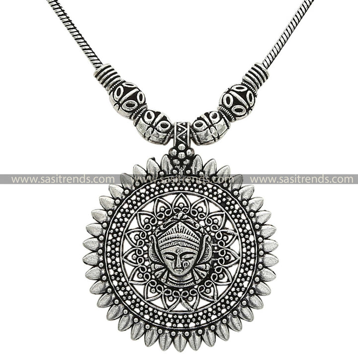 Oxidised necklace with engraved tribal face pendant and leaf border – Sasitrends