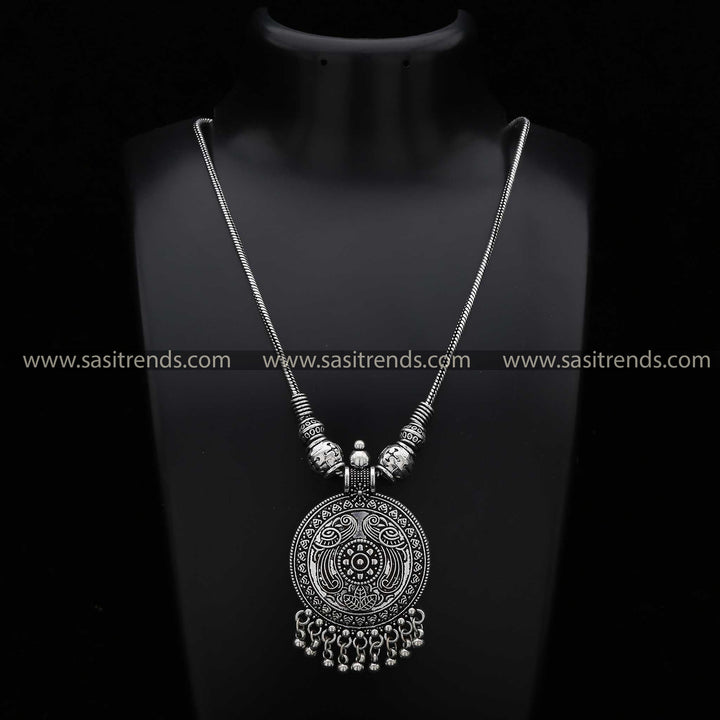 Oxidised Silver Antique Round Peacock Motif Pendant Chain Necklace with Tribal Ball Hangings - Sasitrends
