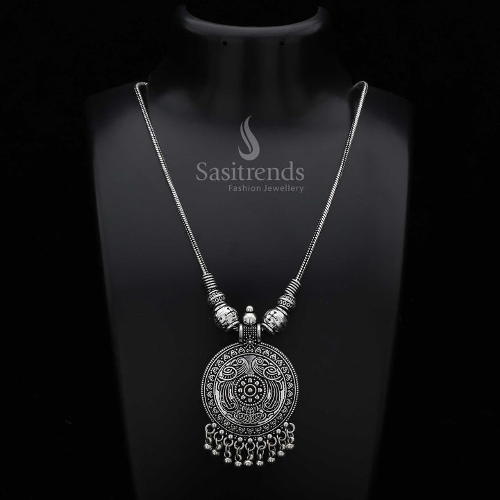 Oxidised Silver Antique Round Peacock Motif Pendant Chain Necklace with Tribal Ball Hangings - Sasitrends