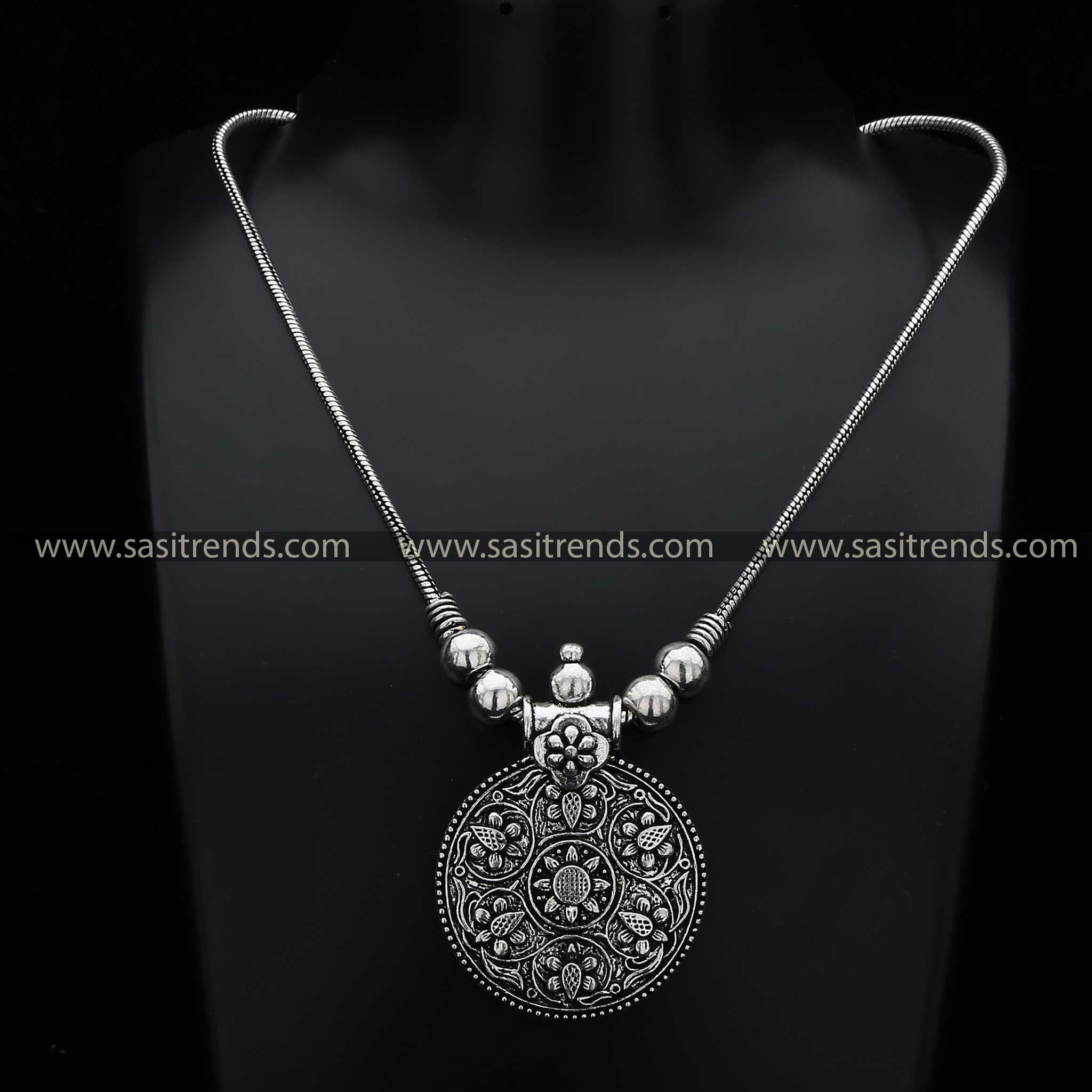 Latest oxidised silver necklace with ornate floral mandala pendant navarathiri jewellery - Sasitrends