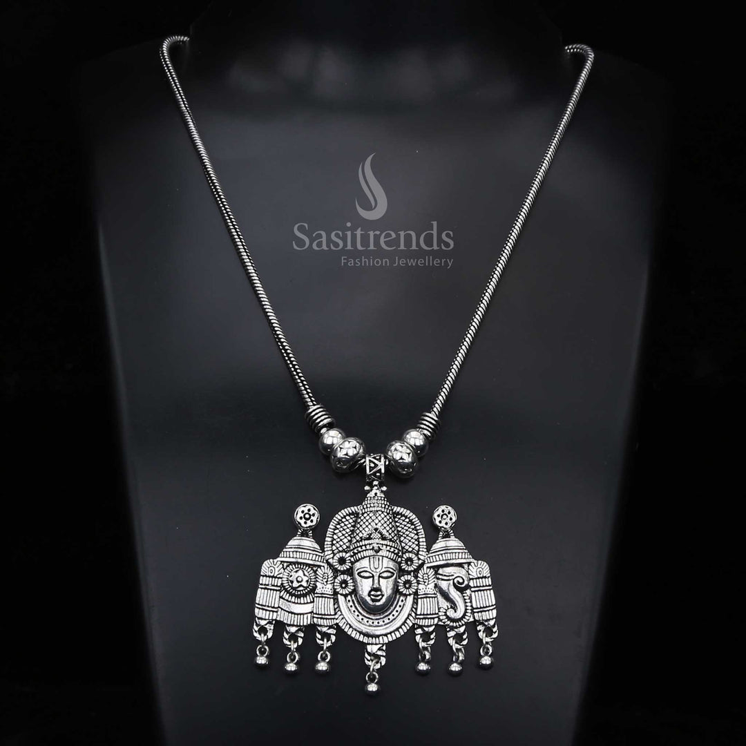 Authentic traditional oxidised silver temple jewellery necklace, centered with a distinctive Lord Balaji (Venkateswara) motif and complemented by classic antique bead drops, ideal for cultural wear