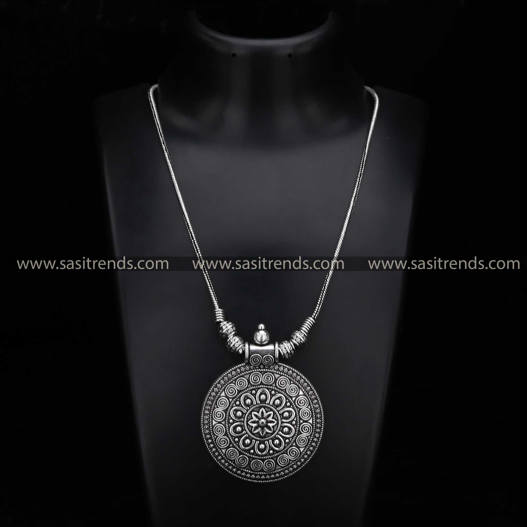 Intricate mandala pattern on oxidised silver necklace - Sasitrends