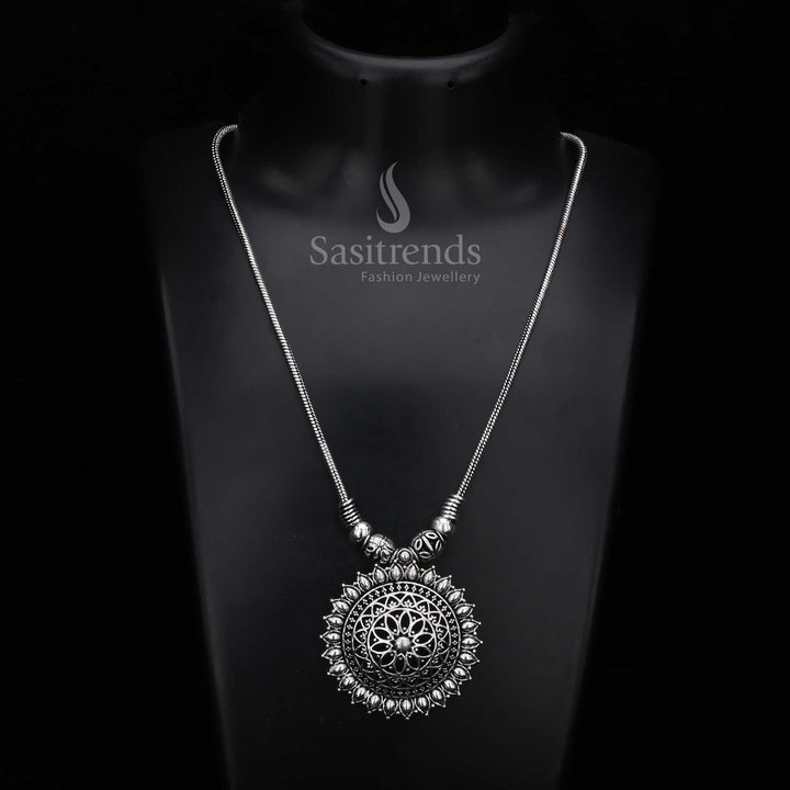 Oxidised Silver Floral Dome Pendant Necklace with Lotus-Inspired Border Design - Sasitrends