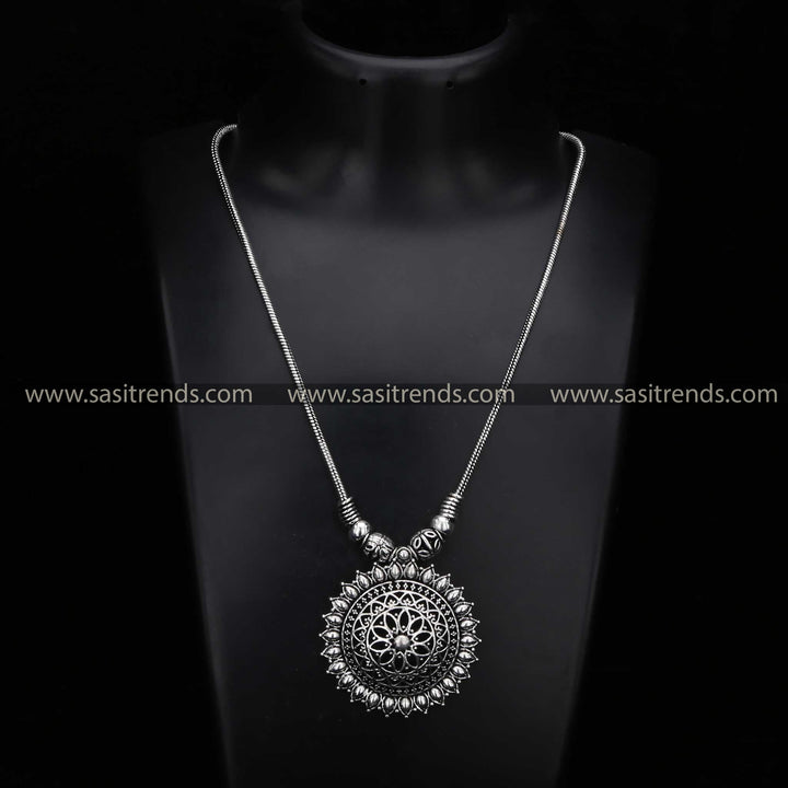 Oxidised Silver Floral Dome Pendant Necklace with Lotus-Inspired Border Design - Sasitrends