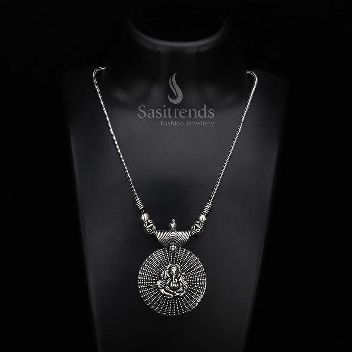 Oxidised Silver Ganesha Pendant Chain Necklace with Radiant Spiral Design - Sasitrends