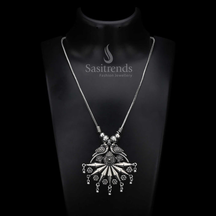 Oxidised Silver Chain Pendant Necklace with Twin Bird Motif and Floral Fan Design – Antique Tribal Jewellery for Sarees and Traditional Wear - Sasitrends