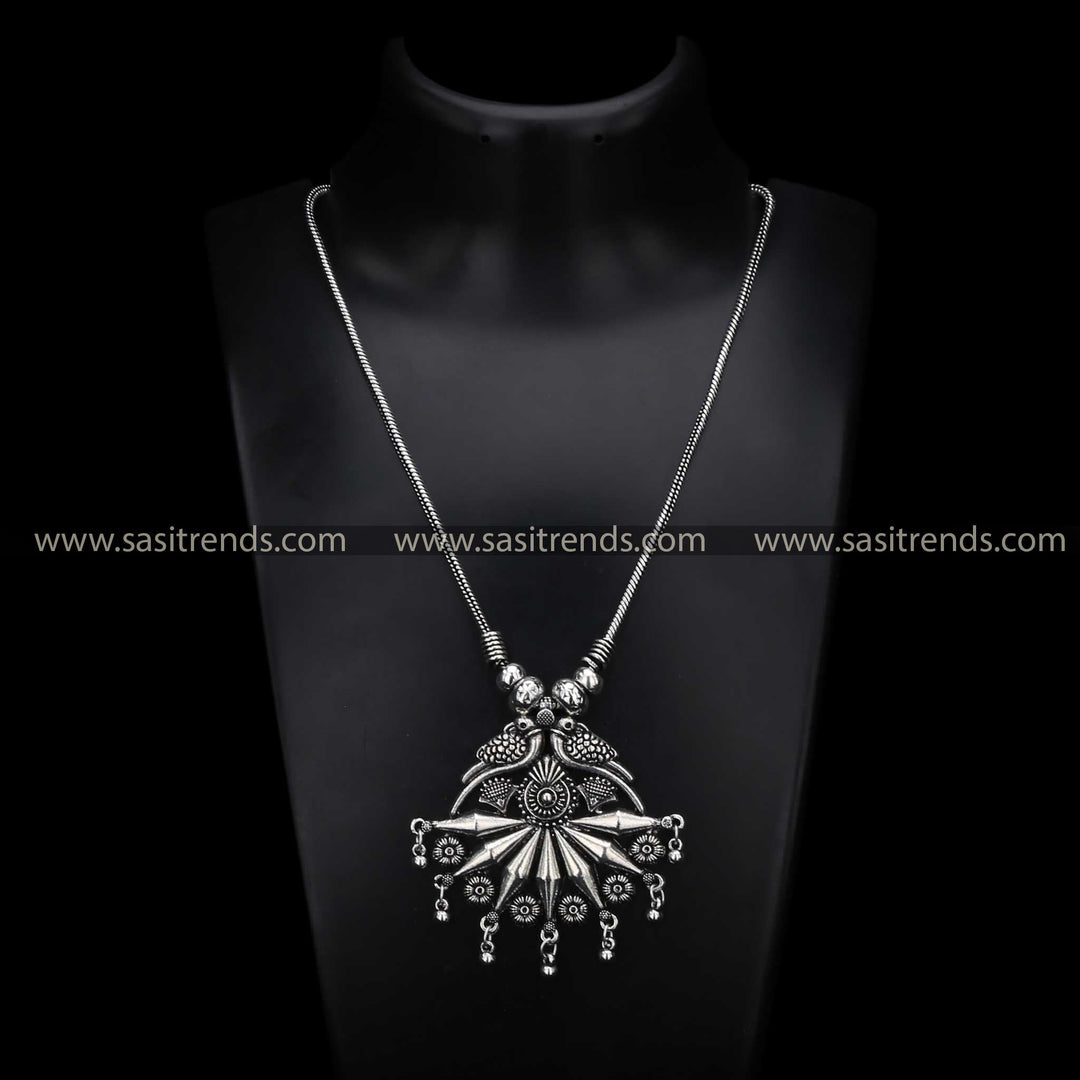 Intricate Oxidised Pendant Necklace with Peacock Feather Details - Sasitrends