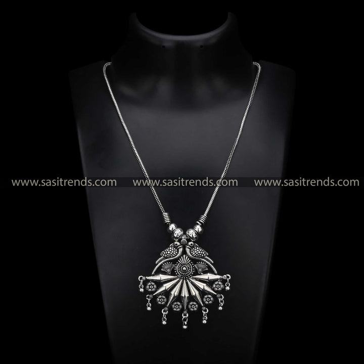 Oxidised Silver Chain Pendant Necklace with Twin Bird Motif and Floral Fan Design – Antique Tribal Jewellery for Sarees and Traditional Wear - Sasitrends