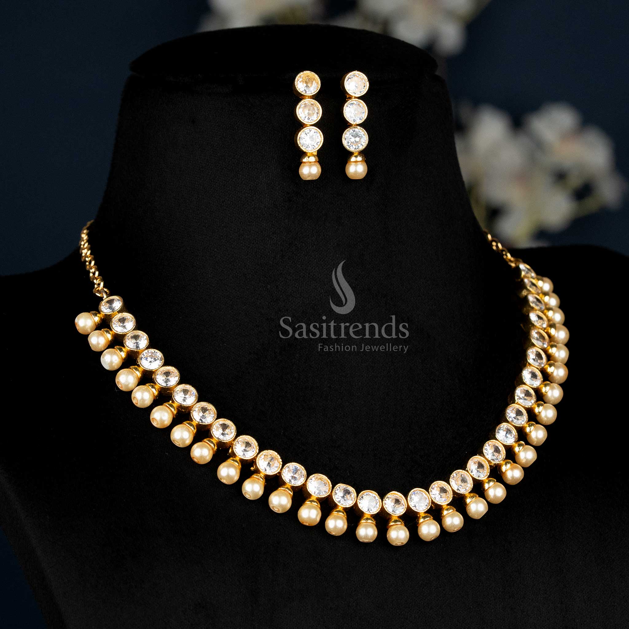American Diamond Pearl Jewellery Set For Women Designed With Classic White Stone Details And Timeless Pearl Elegance, An Ideal Choice For Brides And Evening Glamour – Sasitrends