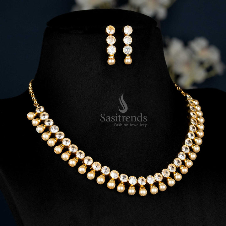 American Diamond Pearl Jewellery Set For Women Designed With Classic White Stone Details And Timeless Pearl Elegance, An Ideal Choice For Brides And Evening Glamour – Sasitrends