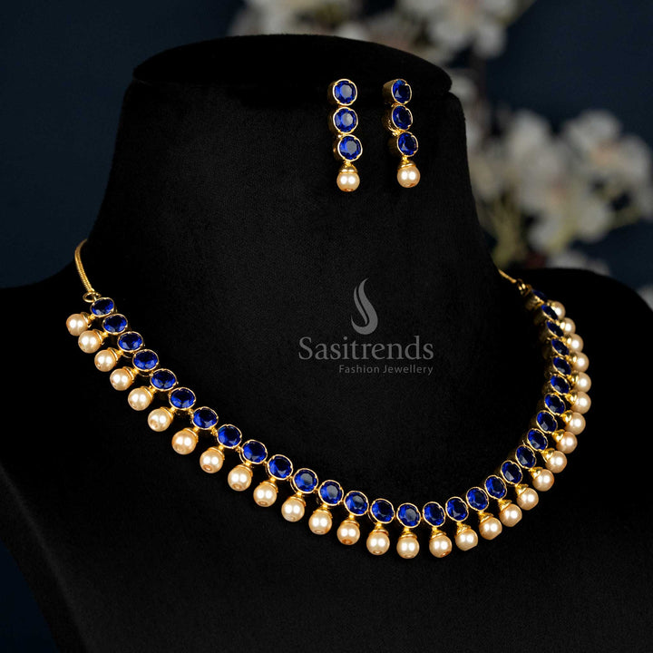 American Diamond Pearl Jewellery Set For Women Featuring Royal Blue Stone Accents And A Luxurious Pearl Drop Design, Perfect For Elegant Evening Wear And Special Occasions – Sasitrends