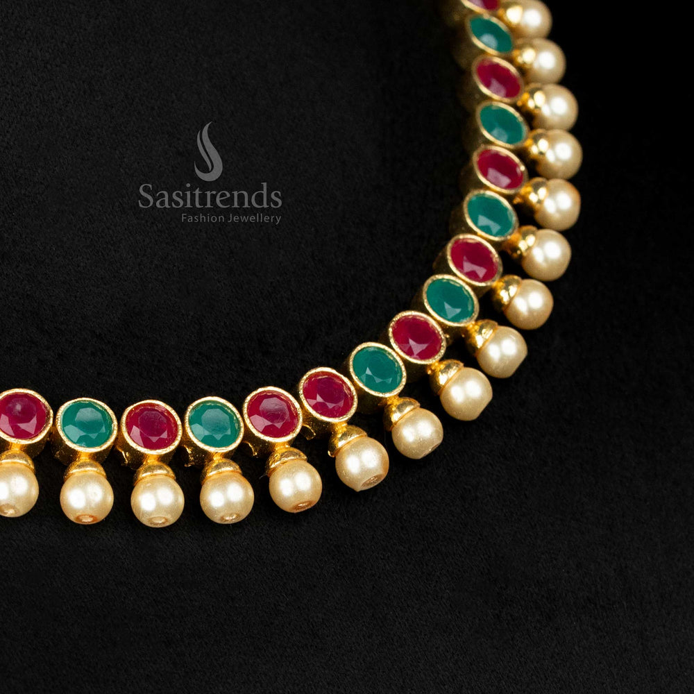 Luxurious American Diamond Pearl Jewellery Set Highlighting Ruby-Green Accents And Delicate Pearl Drops, Perfect For Cultural Celebrations And Ethnic Styling – Sasitrends