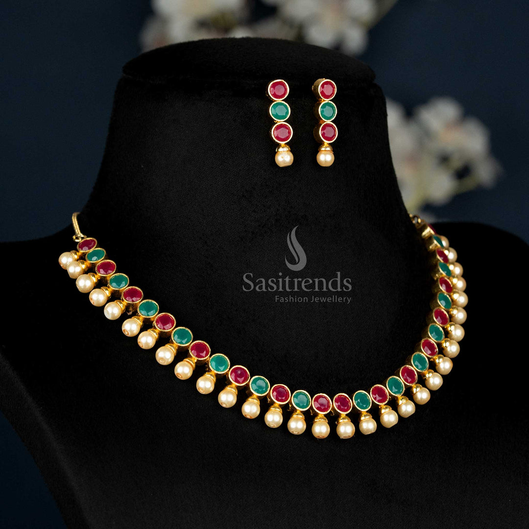American Diamond Pearl Jewellery Set For Women Embellished With Vibrant Ruby-Green Stones And Elegant Pearl Adornments, Designed For Regal Festive And Traditional Wear – Sasitrends