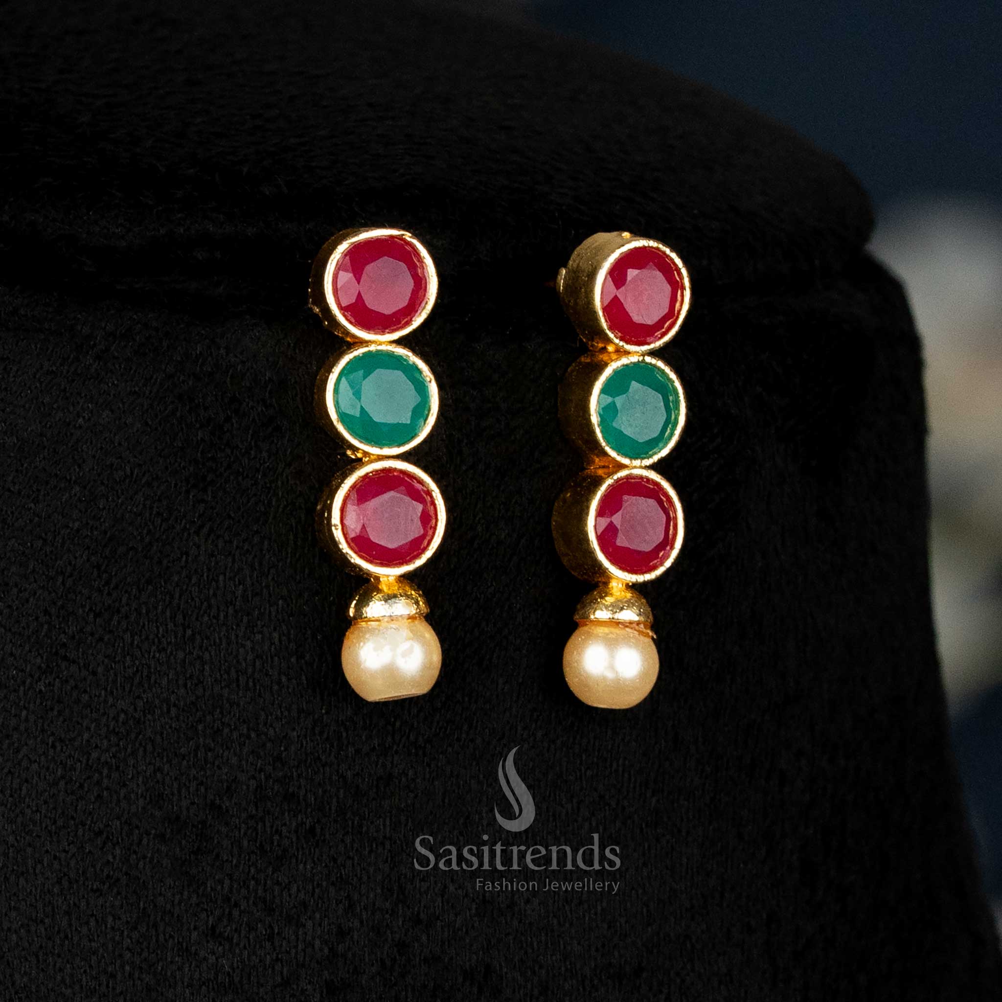 Opulent American Diamond Pearl Earrings Set For Women Featuring Vibrant Ruby-Green Stones And Luxury Pearl Drops, Designed For Celebrations And Bridal Grandeur – Sasitrends