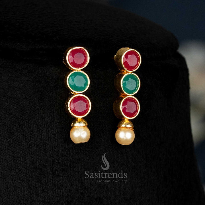 Opulent American Diamond Pearl Earrings Set For Women Featuring Vibrant Ruby-Green Stones And Luxury Pearl Drops, Designed For Celebrations And Bridal Grandeur – Sasitrends