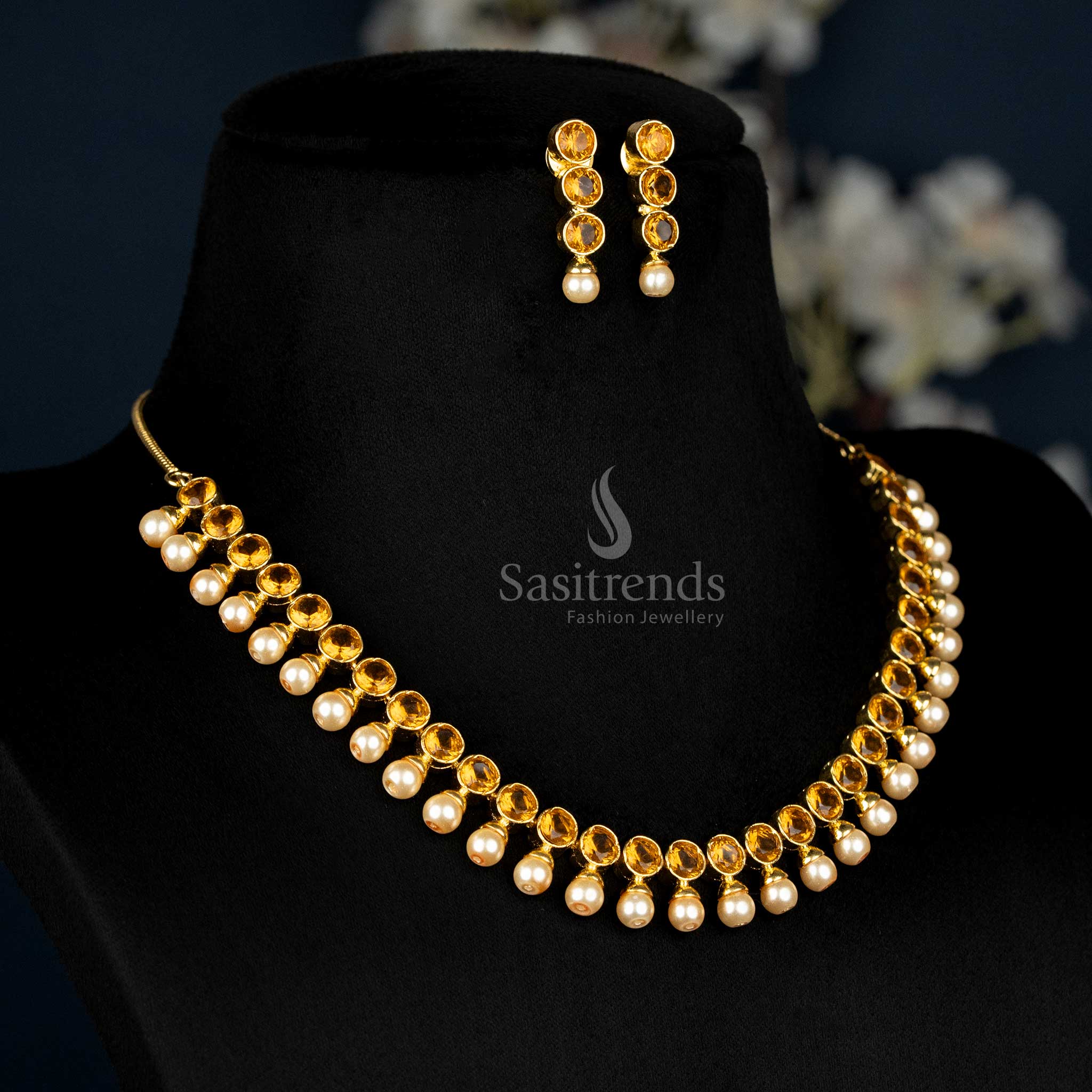 American Diamond Pearl Jewellery Set For Women Showcasing Honey-Coloured Stones And Chic Pearl Detailing, A Timeless Accessory For Bridal And Traditional Looks – Sasitrends