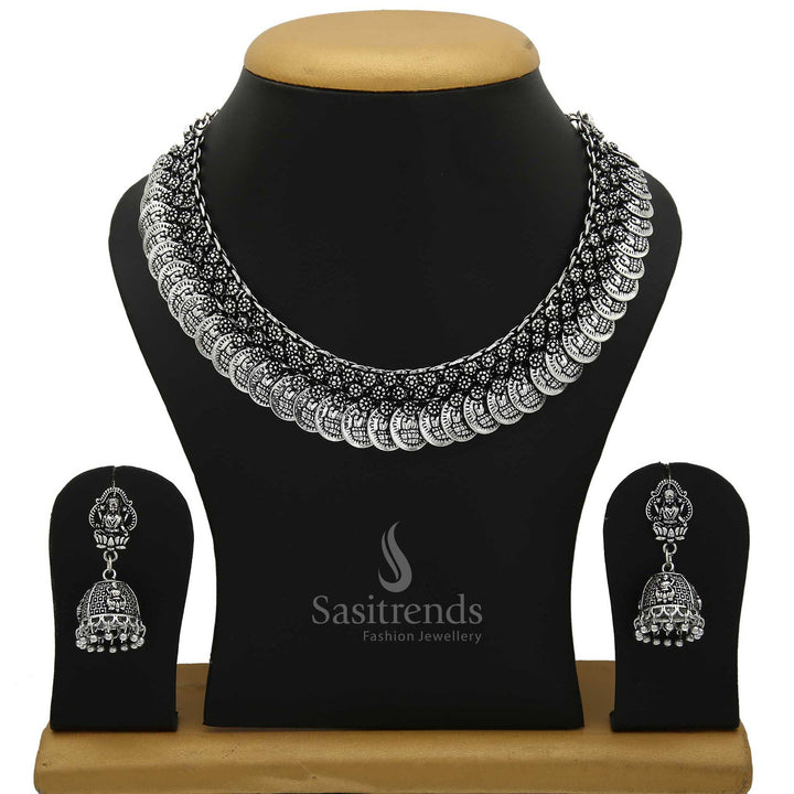 Ethereal Lakshmi Coin Jewellery Set in Oxidised Silver and Antique Gold with Jhumka Earrings
