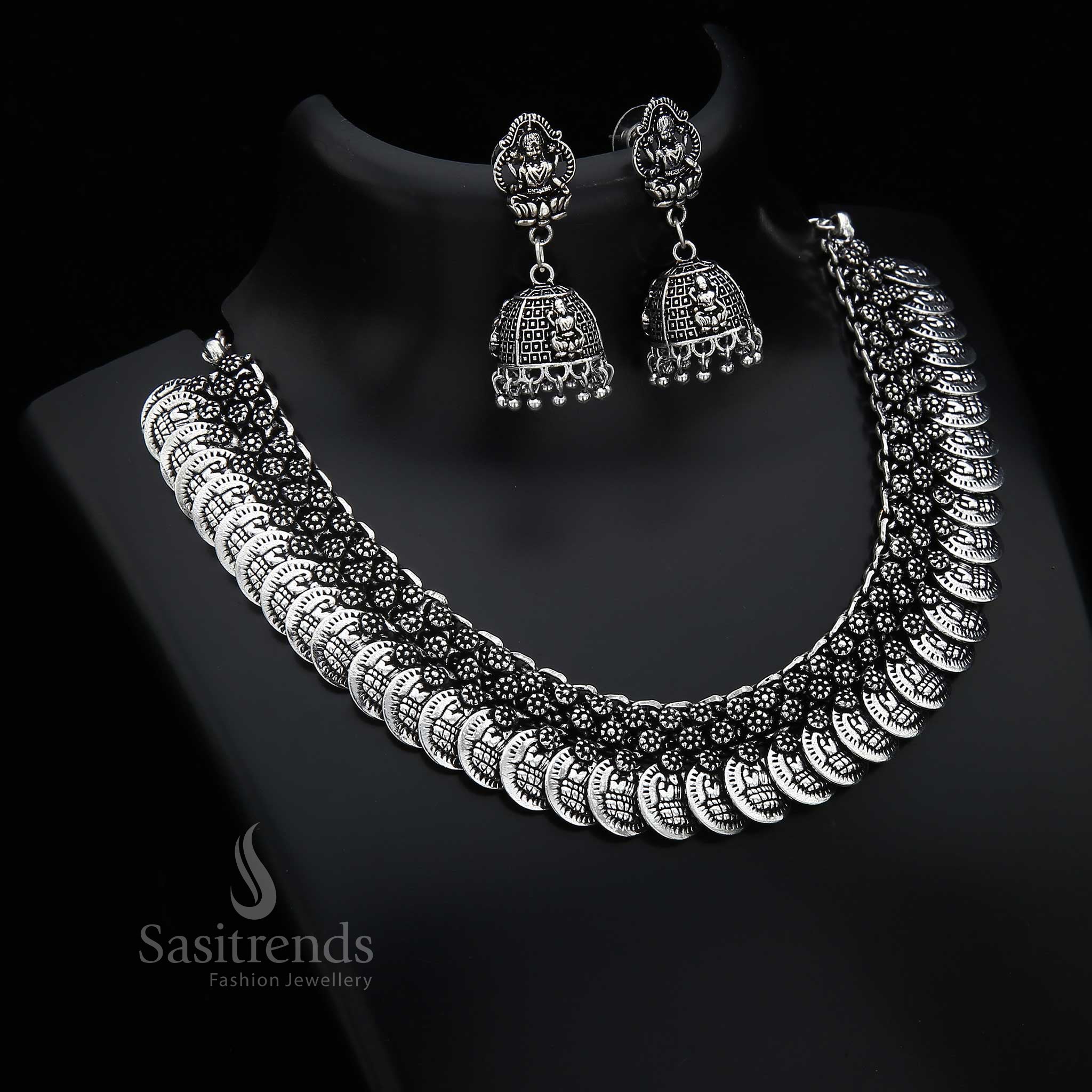 Divine oxidised silver Lakshmi coin Jhumka jewellery set with traditional elegance and vintage goddess engravings in royal antique finish - Sasitrends