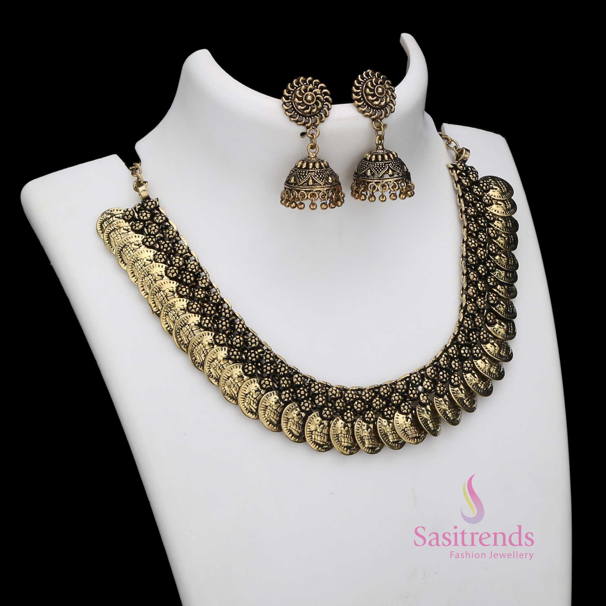 Regal antique gold Lakshmi coin Jhumka jewellery set with matte temple finish and opulent coin layers for traditional festive glow - Sasitrends