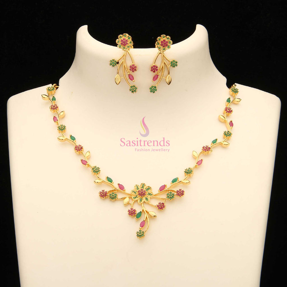 Traditional party wear floral jewellery set in ruby-green stones with a luxurious gold plated finish, suited for weddings and cultural events – Sasitrends