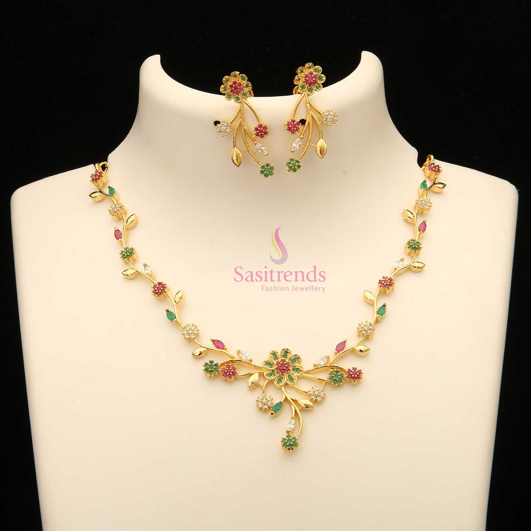 Multi-coloured American diamond floral jewellery set with a radiant gold plated glow – a vibrant choice for lively festivals and joyful celebrations – Sasitrends