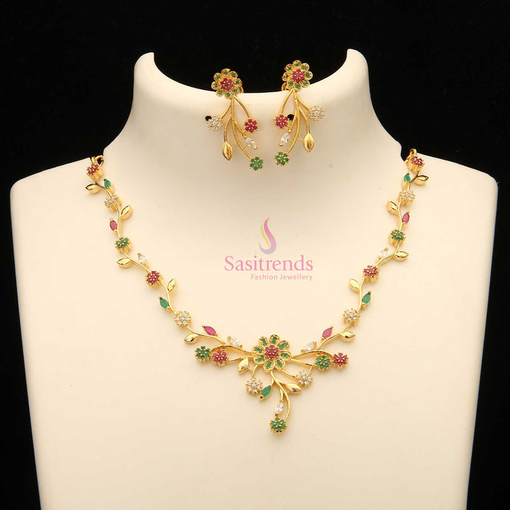 Elegant Party wear American Diamond Gold Plated Floral Necklace Jewellery Set - Sasitrends