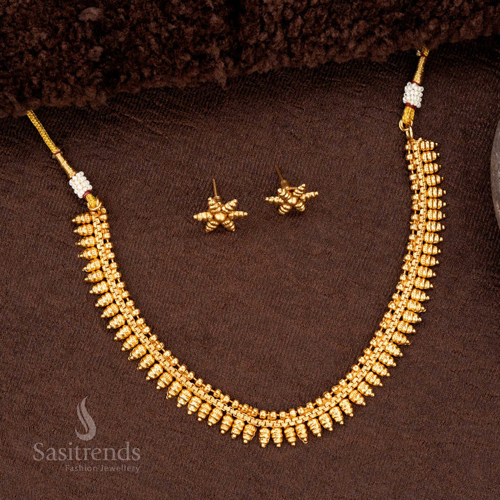 Elegant Classic Matte Gold Plated Necklace Jewellery Set with Intricate Dangling Motifs For Traditional Festivals - Sasitrends