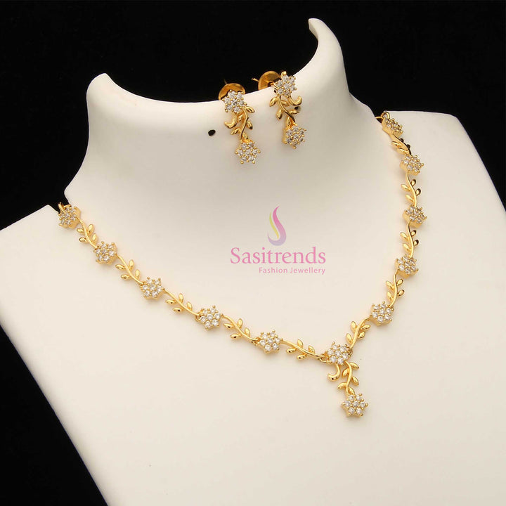 Elegant white American Diamond necklace set with intricate floral vine pattern and micro gold finish – ideal for graceful grand occasions – Sasitrends