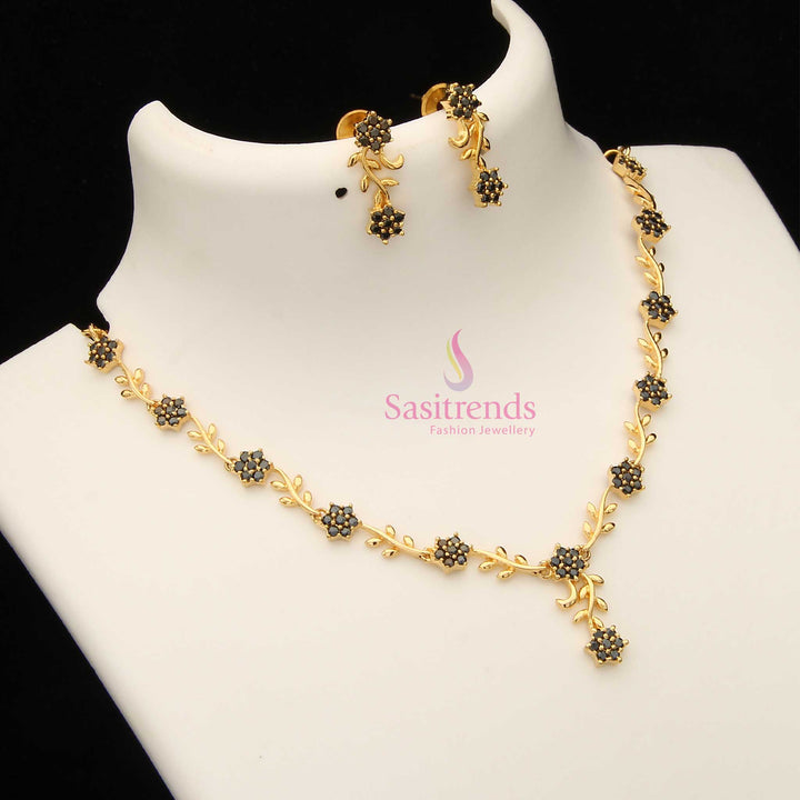 Royal black American Diamond floral vine necklace set in micro gold plating – perfect blend of drama and opulence for luxury party looks – Sasitrends
