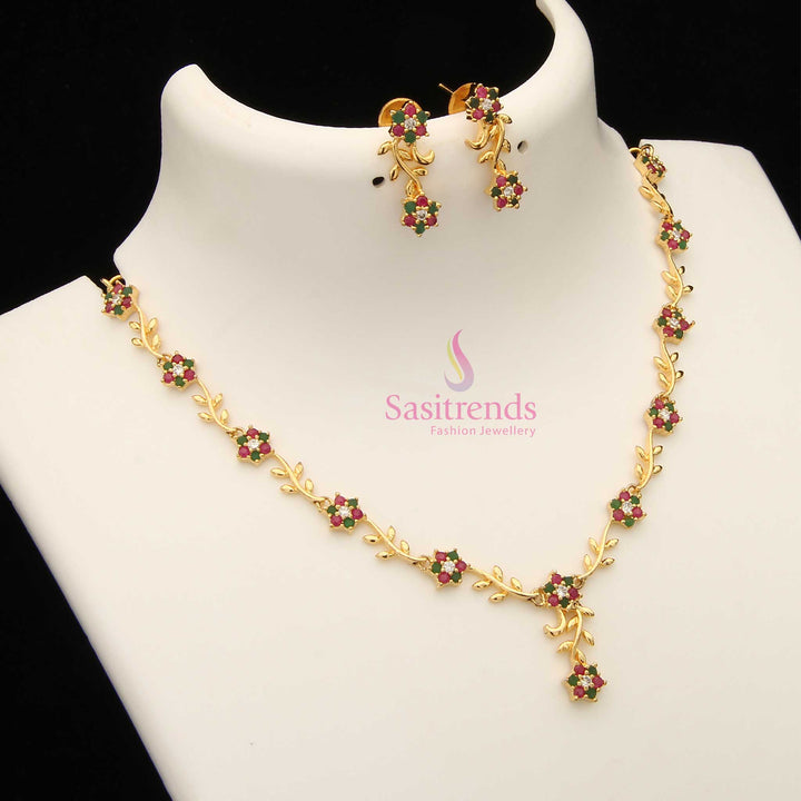 Vibrant multi-colour American Diamond floral vine necklace set in micro gold plating – crafted for festive glamour and joyful celebrations – Sasitrends