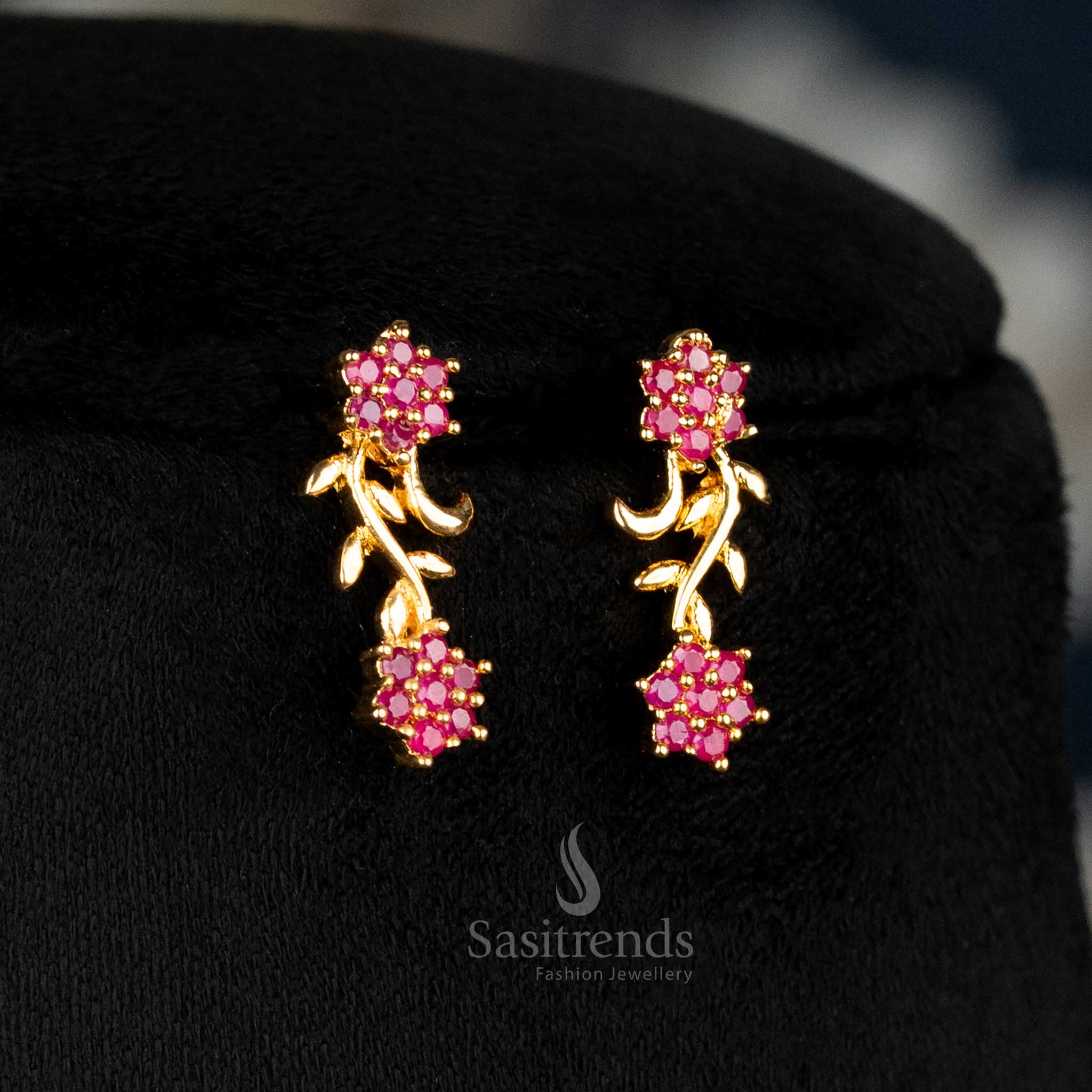 Ruby American Diamond Floral Vine Earrings Set With Micro Gold Plating, Exquisite Traditional Masterpiece Crafted For Women’s Elegant Festive Style – Sasitrends

