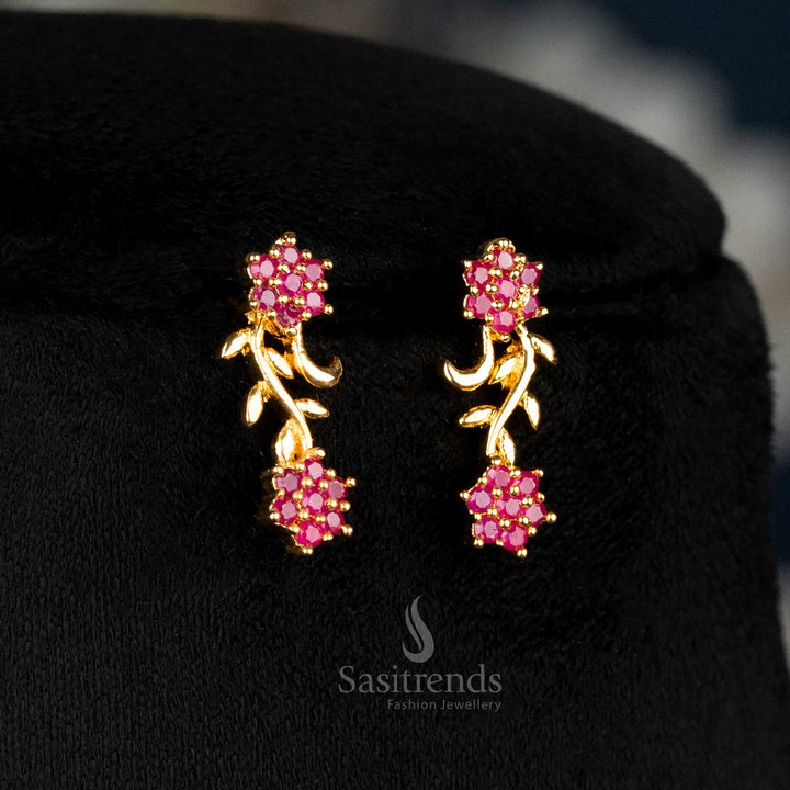 Ruby American Diamond Floral Vine Earrings Set With Micro Gold Plating, Exquisite Traditional Masterpiece Crafted For Women’s Elegant Festive Style – Sasitrends

