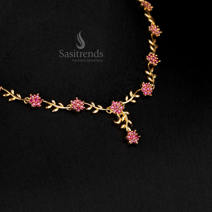 Deep Ruby American Diamond Floral Vine Necklace Set With Micro Gold Plating, Luxurious Designer Jewellery Specially Created For Brides With Grand Taste – Sasitrends