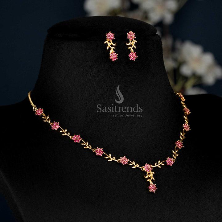 Crimson Ruby American Diamond Floral Vine Necklace Set With Micro Gold Plating, Regal Handcrafted Jewellery Embodying Bridal Luxury And Traditional Charm – Sasitrends